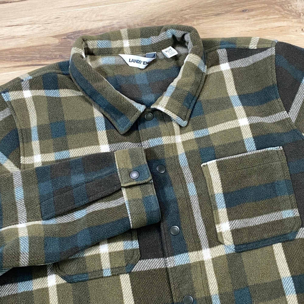 Lands' End Fleece Shirt Jacket Men XLT Gorpcore Polyester Plaid Olive Green TALL